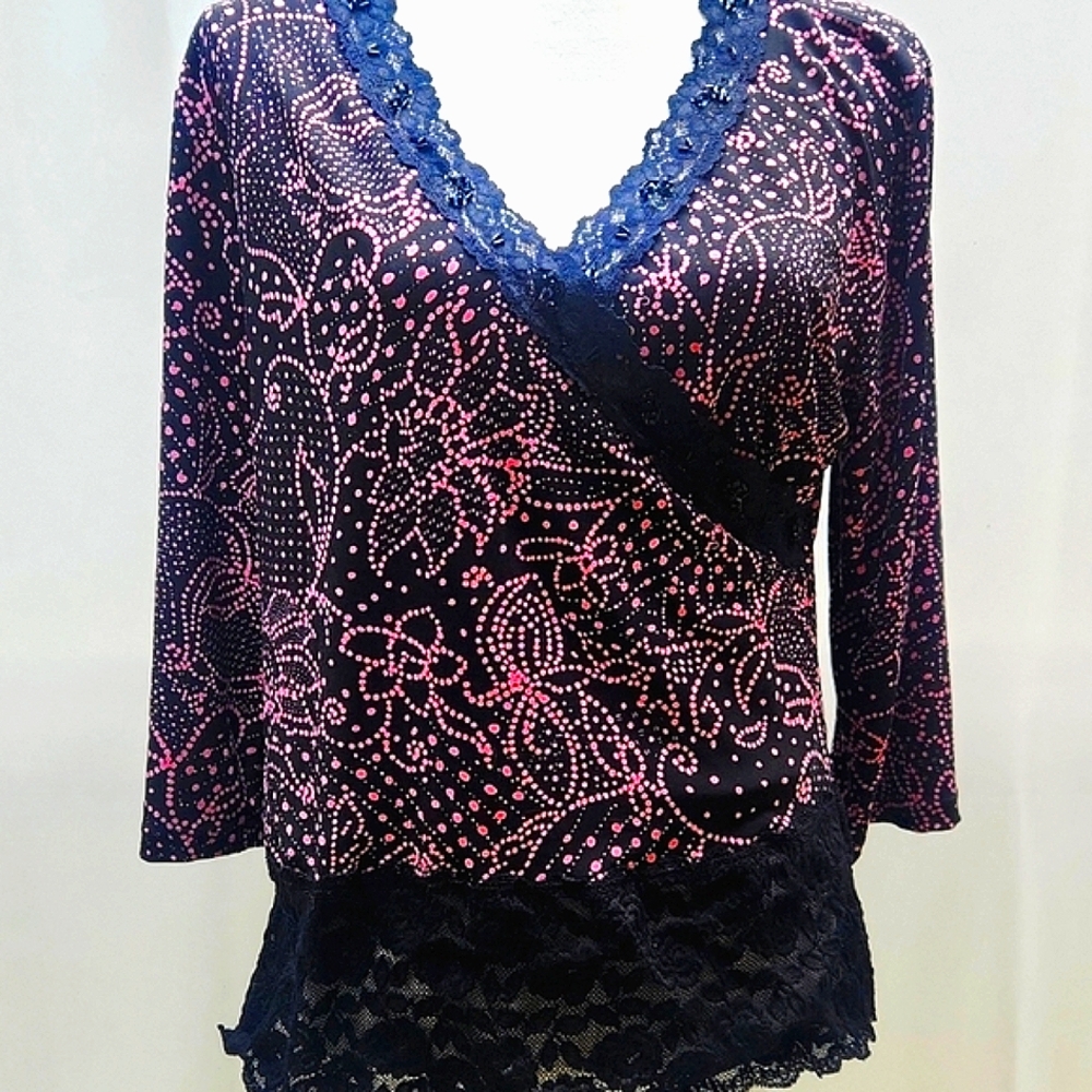 Pink and Black Lace Trim Fairy Grunge Whimsigoth Y2K Witchy Lace Blouse